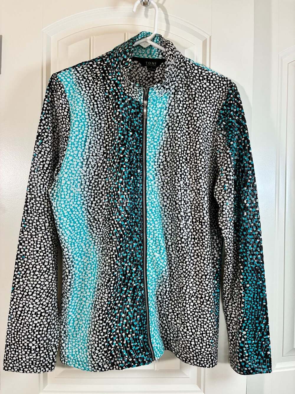 Toni Morgan Women's Full Zip Long Sleeve Jacket Black White Teal Size L